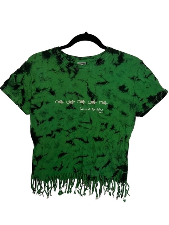 Yazbek Tops - Yazbek Green Tie Dye Fringe Hem Mexico Resort Short Sleeve Crop Tee T Shirt